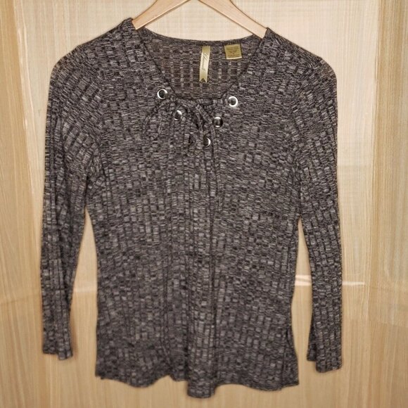 Chenault Womens Black Heathered Ribbed Knit Top With Lace Up Detail Medium - Picture 1 of 6